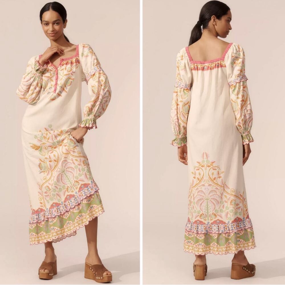 NWT Farm Rio x Anthropologie Printed Linen Blend Dress Maxi